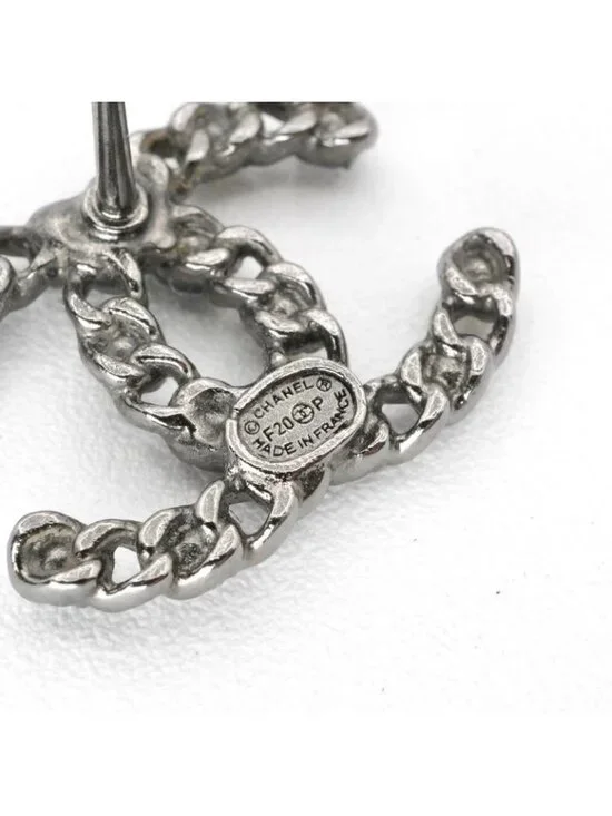 Chanel Earrings Silver Black Coco Mark Rhinestone - Picture 5 of 10